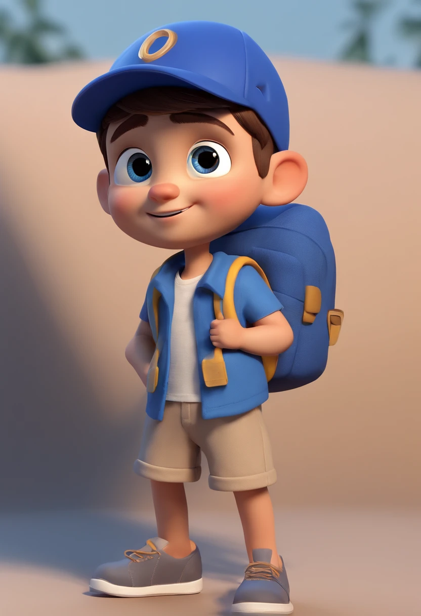 A happy cute boy standing short hair with dark blue cap , vestindo uma camisa azul , , fundo branco, barnet, Tom, Estilo Pixar, ......3d, desenhos animados, rosto detalhado, asymmetrical 16k