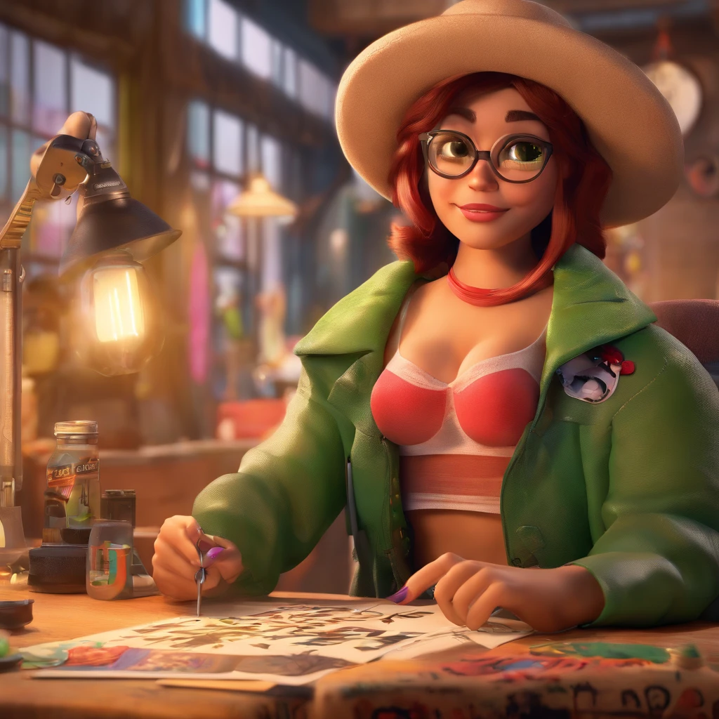 create a 3D movie poster inspired by Disney Pixar, The scene should be in Pixar's signature digital art style, com uma imagem caricatural que lembra a cantora brasileira "Anita" in the prone position, Wearing a bikini while a tattoo artist is sitting tattooing with a giant ring on one hand, inside a tattoo parlor.
