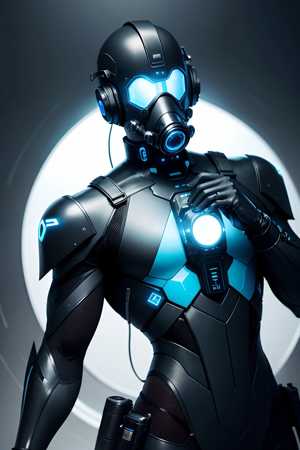 (futuristic, sci fi)Male in black and blue biochemical body suit, hands visible, gas mask, masterpiece, hands laced