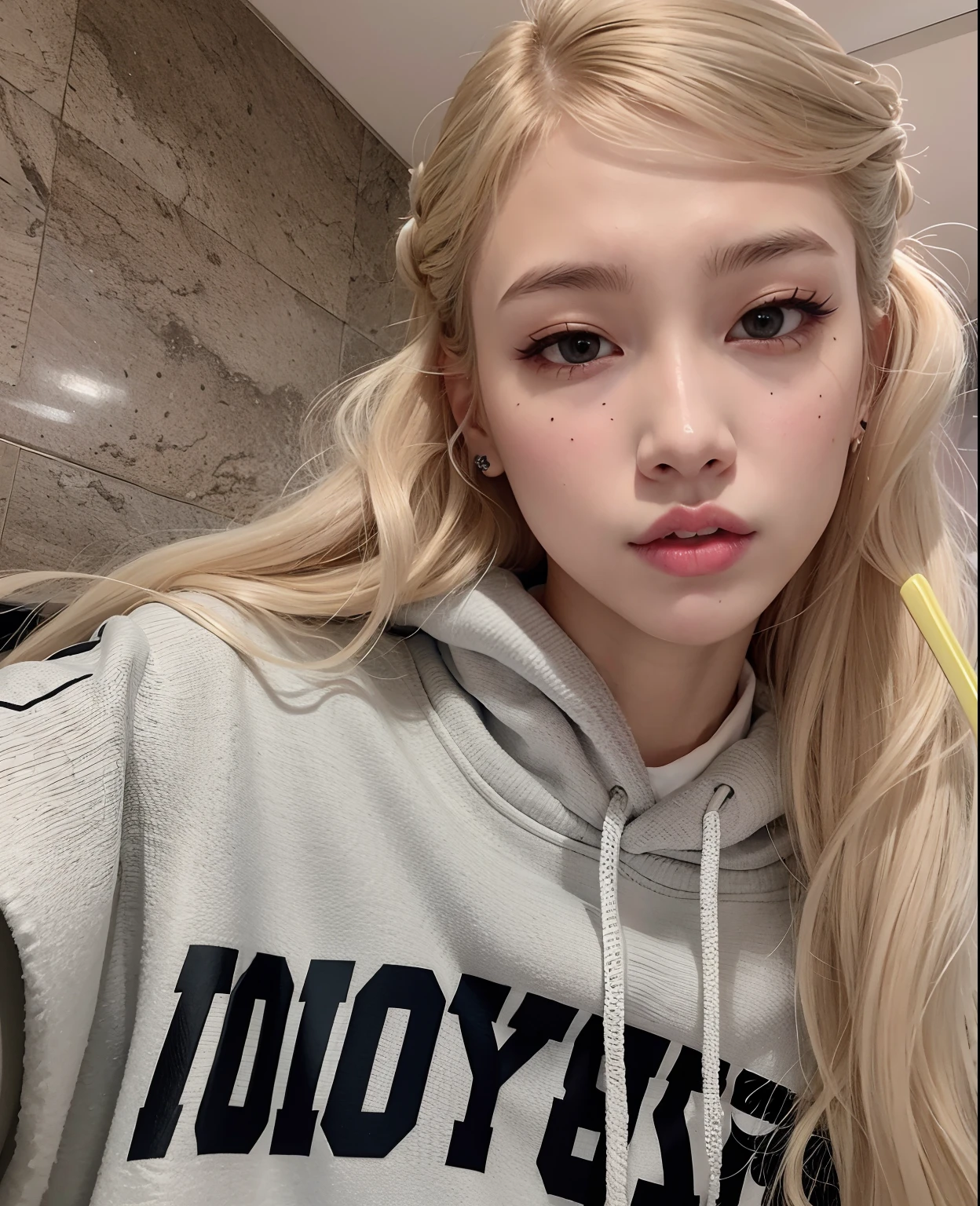 Blonde girl with long hair holding a toothbrush in her hand, Parque Roseanne do Blackpink, jossi do blackpink, Retrato de Jossi de Blackpink, jennie blackpink, her hair is white, Lalisa Manoban do Blackpink, Jaeyeon Nam, Shikami, com capuz, Lalisa Manobal, Heonhwa Choe, sem maquiagem