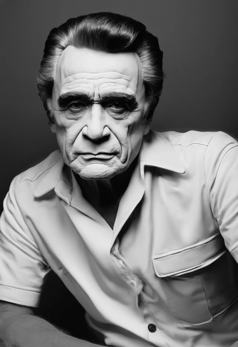 Johnny Cash, wearing a black t-shirt, short sleeve, stands in front of a graphitti art enviroment. His hands are casually tucked into his pockets as he stares directly into the camera, his intense gaze capturing the attention of all who see it. The red light adds a haunting quality to the scene, making it truly unforgettable.