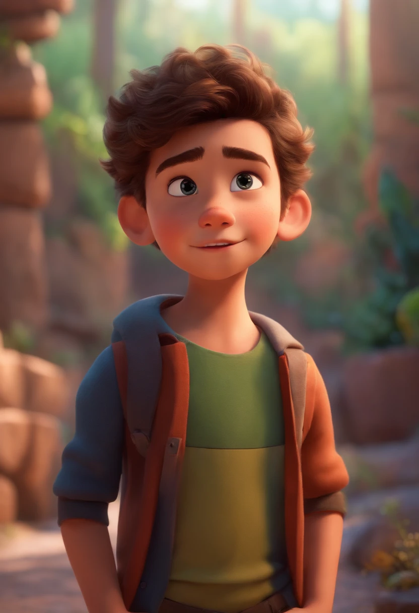 Image of a boy for a story in a YouTube video in Pixar format, He's the little allabester, He's the class leader, He's outgoing, Playful and gets up for a lot of things, cabelo curto