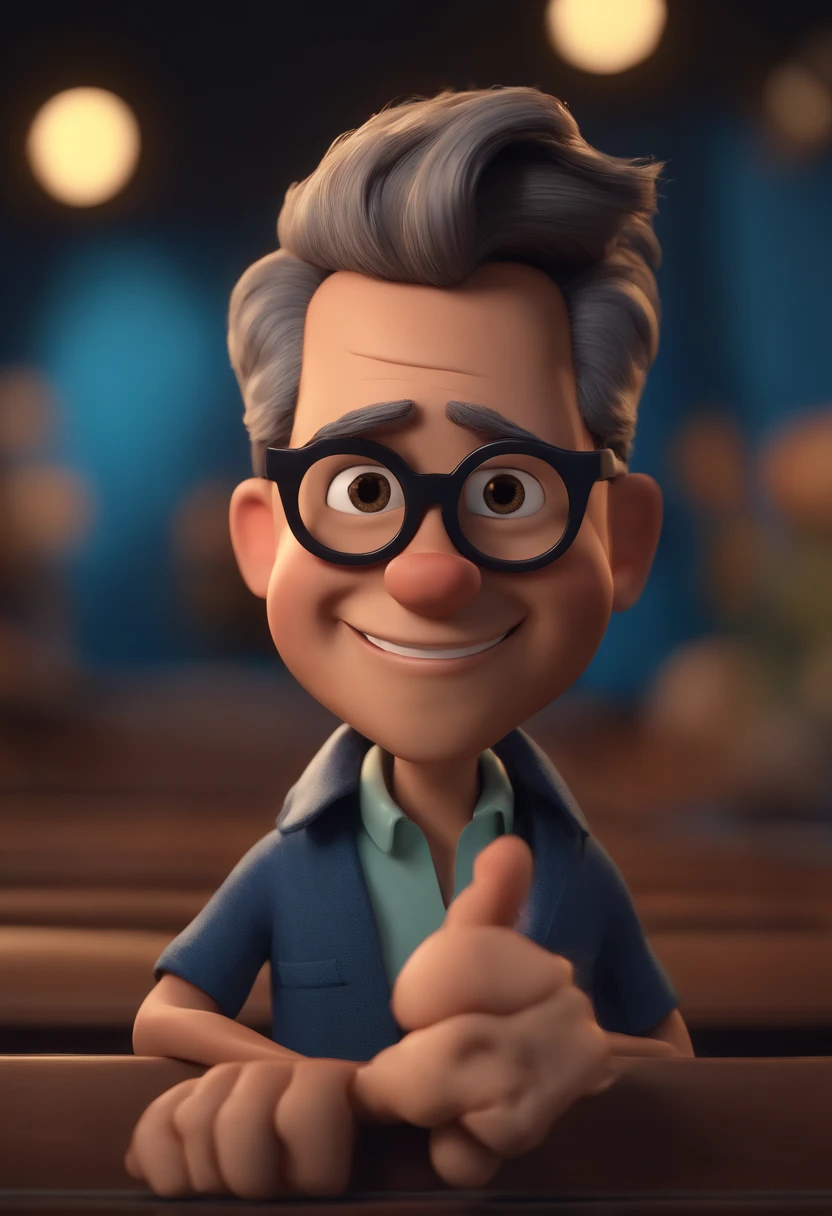 Cartoon character of a man with black glasses, cabelo cacheado marrom escuro e uma camisa azul, animation character, Caractere estilizado, animation style rendering, 3D estilizado, Arnold Maya render, 3 d render stylized, toon render keyshot, Personagem 3D, Personagem 3D, 3d rendering stylized, 3 d character render, personagem de desenho animado, Personagem de close up, Pose de personagem,  (Estilo Pixar) (master part:1.2) (Bokeh) (best quality) (pele detalhada) (textura detalhada) (8k) (argila) (Cinematic lighting) (foco nítido
