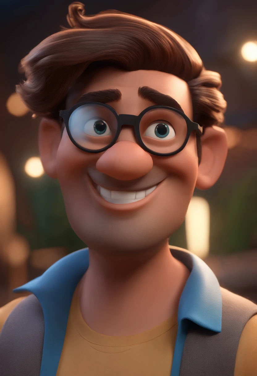 Cartoon character of a man with black glasses, cabelo cacheado marrom escuro e uma camisa azul, animation character, Caractere estilizado, animation style rendering, 3D estilizado, Arnold Maya render, 3 d render stylized, toon render keyshot, Personagem 3D, Personagem 3D, 3d rendering stylized, 3 d character render, personagem de desenho animado, Personagem de close up, Pose de personagem, (Estilo Pixar) (master part:1.2) (Bokeh) (best quality) (pele detalhada) (textura detalhada) (8k) (argila) (Cinematic lighting) (foco nítido
