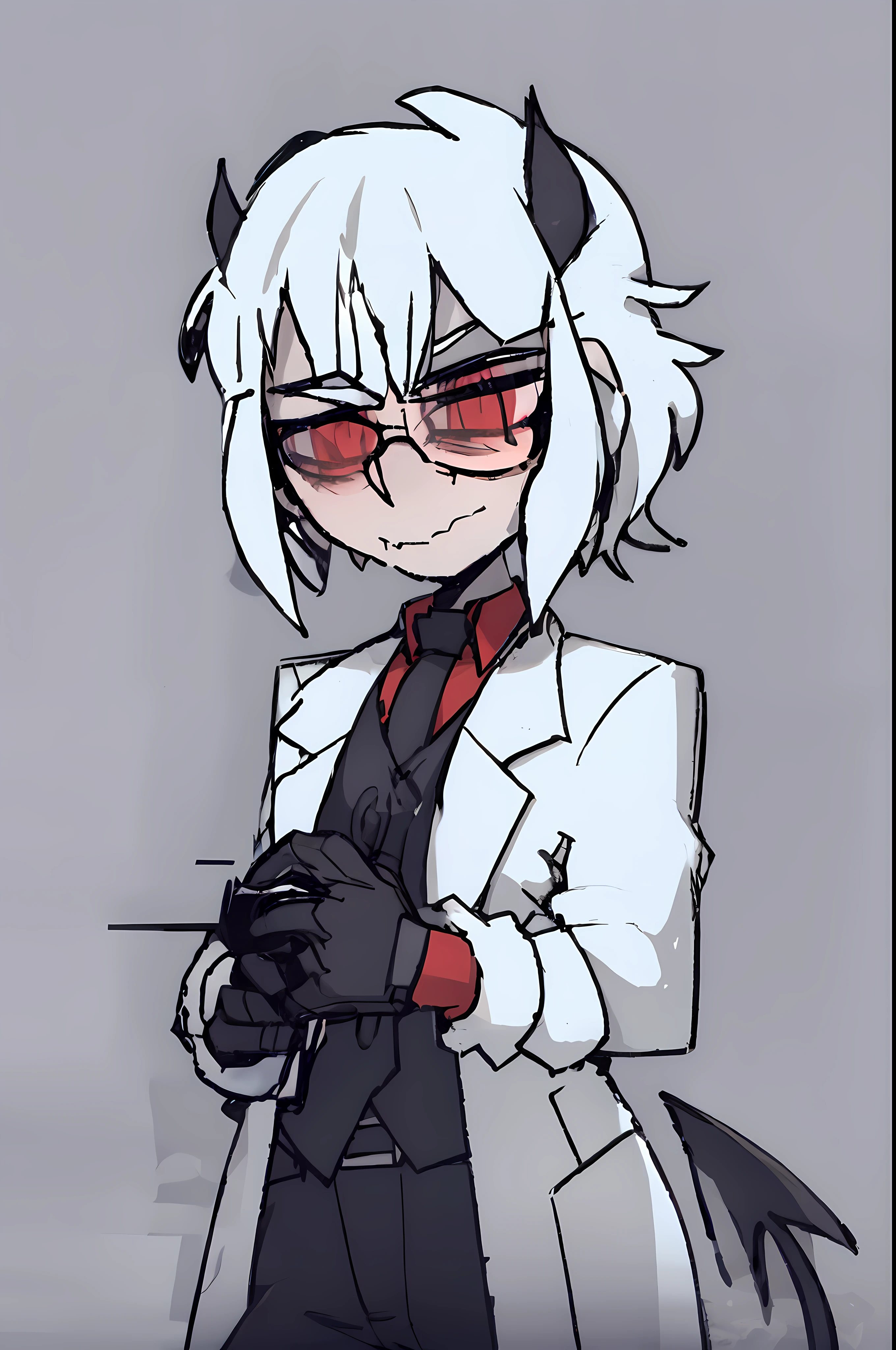 1boy, Skinny, short, Short disheveled gray hair, red glasses, horns demon