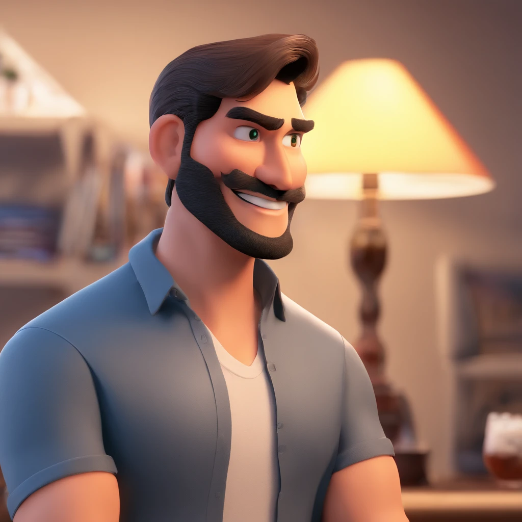 Criar um personagem no estilo Pixar. Trata-se de um homem de 30 anos, com barba, Branco, com cabelos castanhos curtos e um quiff, e olhos castanhos. Ele deve estar na frente de um computador, Trabalhar como designer