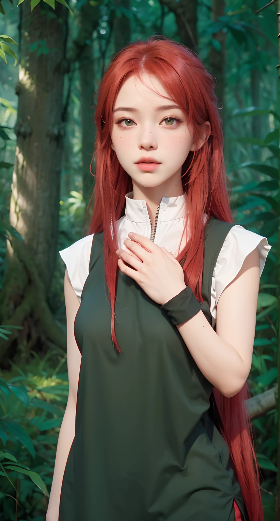 Real life adaption of this character, beauty face,looking to viewer,realistic same red hair ,realistic jungle with many grass background, hyper realistic, realistic light, realistic shadow, realism,(photorealistic:1.2), (realistic same outfit ),big breast