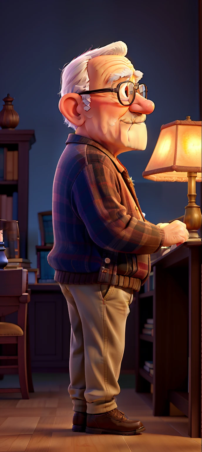 A wise old man standing in front, illuminated by the light of a lamp, against the backdrop of a library