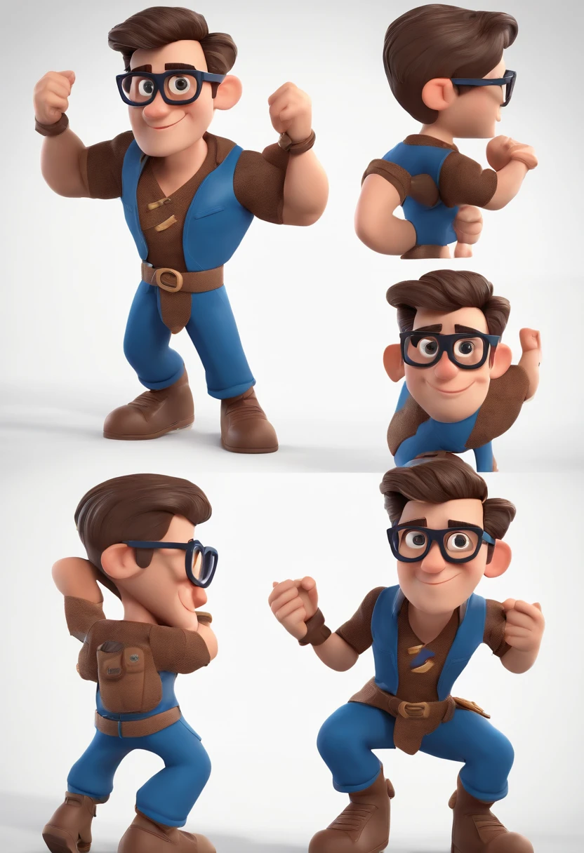 Cartoon character of a man with black glasses, cabelo cacheado marrom escuro e uma camisa azul, animation character, Caractere estilizado, animation style rendering, 3D estilizado, Arnold Maya render, 3 d render stylized, toon render keyshot, Personagem 3D, Personagem 3D, 3d rendering stylized, 3 d character render, personagem de desenho animado, Personagem de close up, Pose de personagem,  (Estilo Pixar) (master part:1.2) (Bokeh) (best quality) (pele detalhada) (textura detalhada) (8k) (argila) (Cinematic lighting) (foco nítido