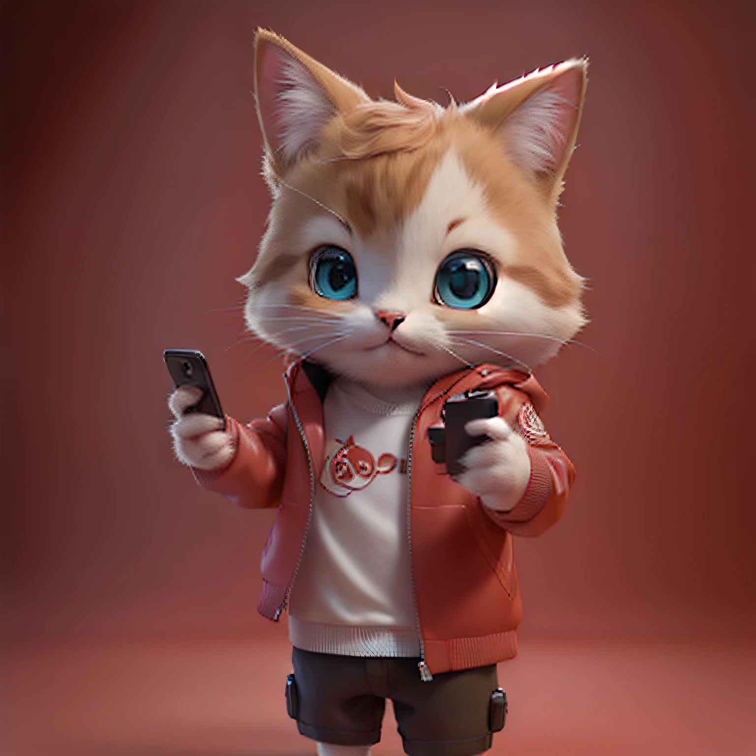 cute cat, no pants wearing a red jacket, IP character, figure, looking at camera, (((with a cell phone in hand))), full body, isometric, 3D, cute, Disney Pixar style, adorable chibi graphics, cute mobile game style, hyper-realistic, cinema lighting, gradient background, three exquisite - dimensional rendering, 3d, 4k, blender, c4d, octane rendering --ar