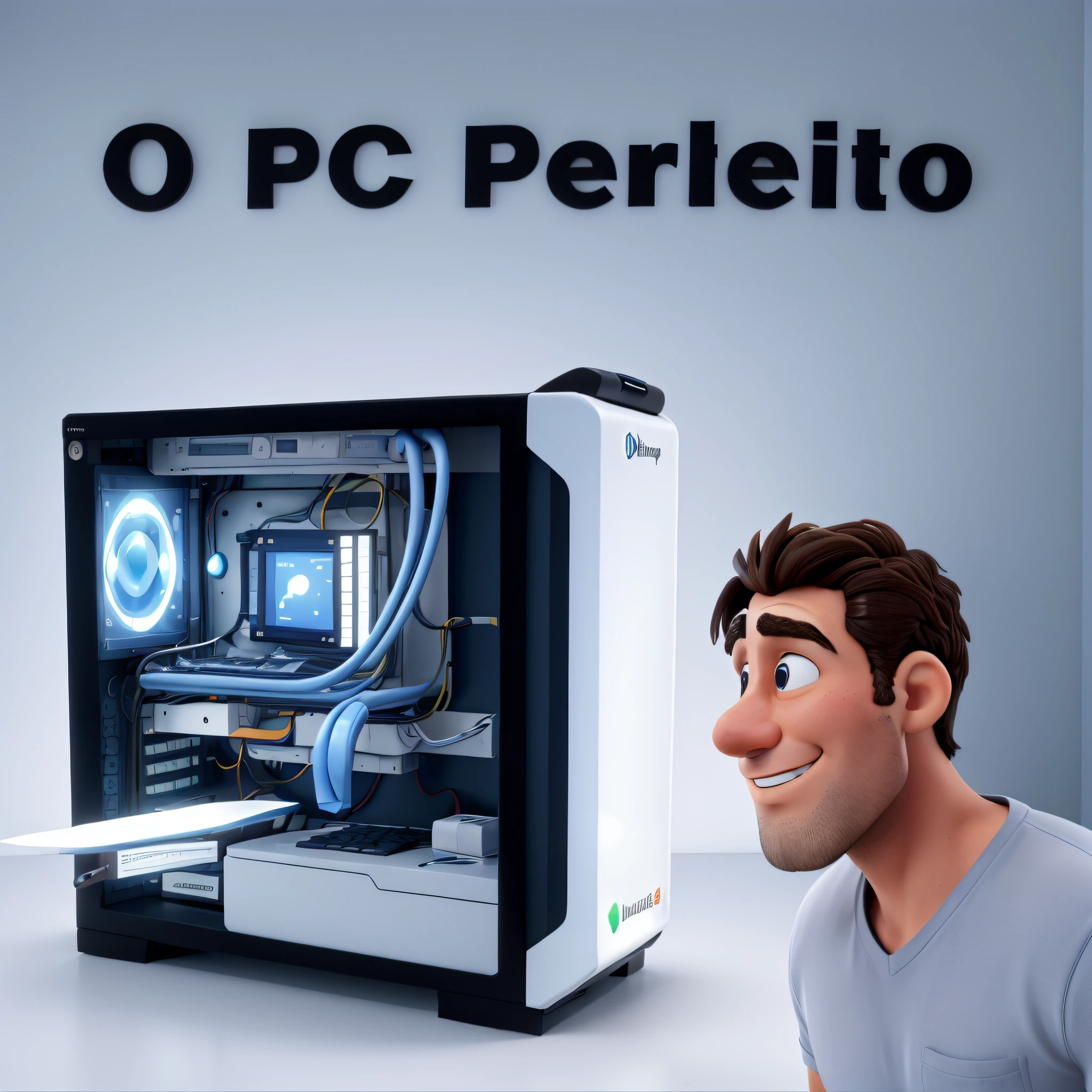 Obra-prima, de melhor qualidade, um homem olhando um computador, texto de cima escrito: "O PC Perfeito" , com tag Disney, computer store background.