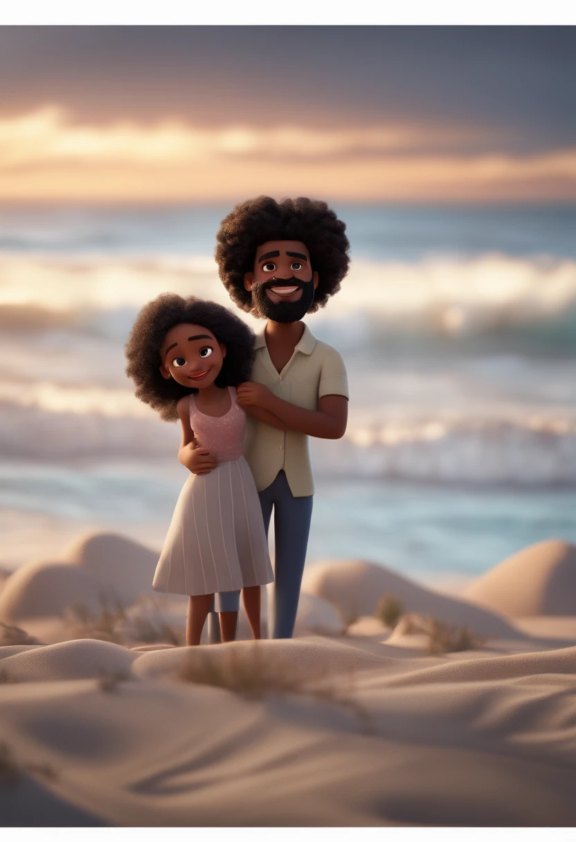 Cartoon black man with black curly hair and black beard in front of a crowd, 3d animated film, animation film, Pixar 3D-Animationsstil, pixar renderman rendering, maia 8 mil, animation film, Disney Pixar Estilo 3D, With a smile on my face and standing on the beach, Em outra foto, The same guy hugs his black girlfriend with her hair curled and tied up