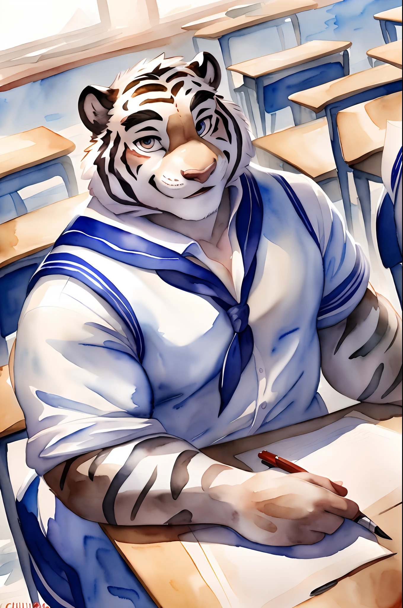 Hominidae, Pose for Camera. 4K, high resolution, Best quality, posted on e621, (Solo:1.2), Anthropomorphic white tiger, male people, 16 yaers old, Thick eyebrows, Light blue stripes, Strong body, large pecs, ((White school uniform)), In class, holding a pen, Sit behind a desk, (sport, Muscular, Heavyweight:1.2), ((In the classroom)), solo, Correct anatomy, (White background, Watercolor background:1.1), (by Chunie, author：Taran Fidler:0.8), (Detailed eyes:1.2), Sexy, (cel-shaded:1.2), cartoon shading, (aquarelle:1.2), Smile, Be red in the face, (view the viewer:1.2), Bright eyes, Front view