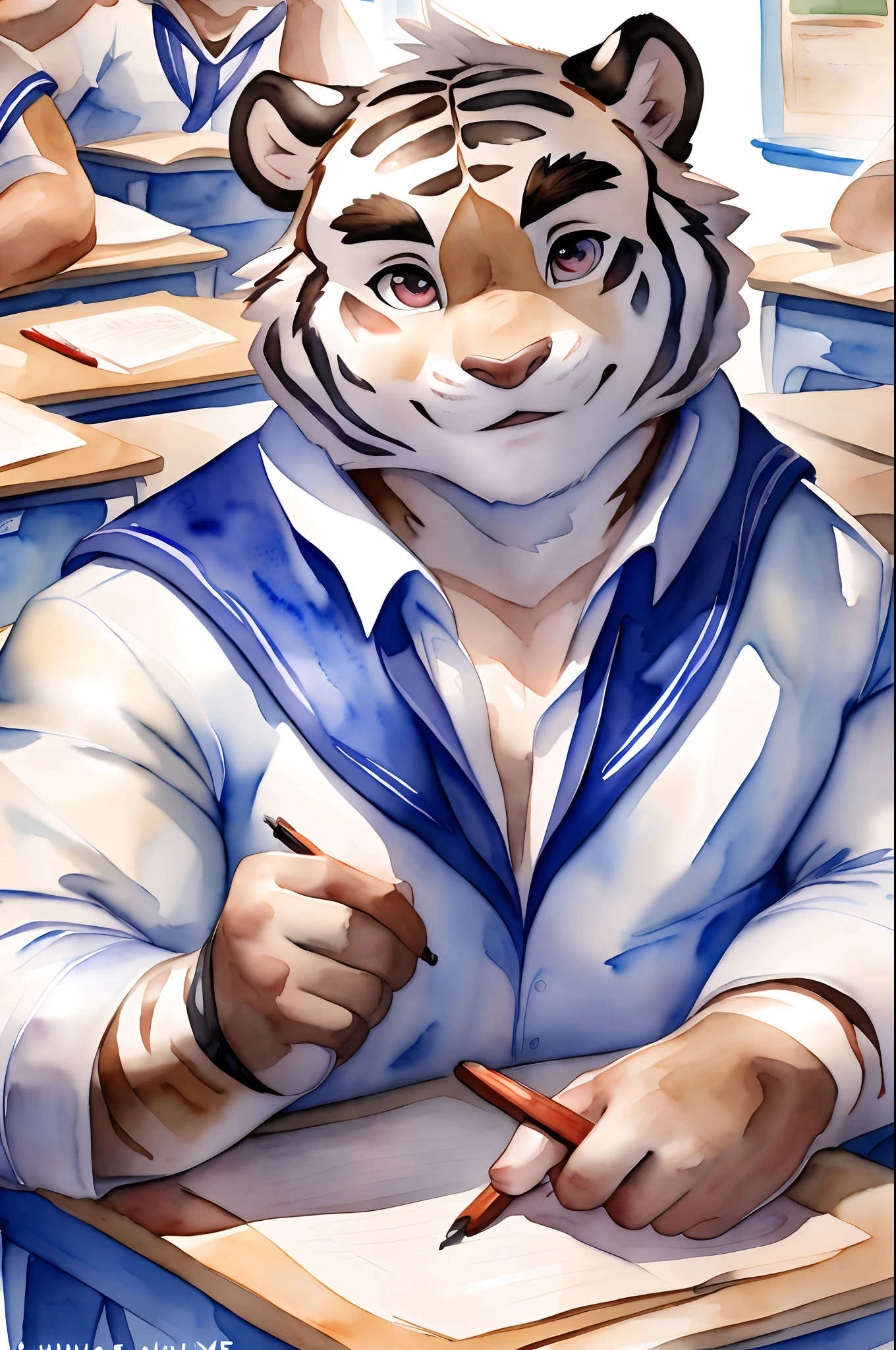 Hominidae, Pose for Camera. 4K, high resolution, Best quality, posted on e621, (Solo:1.2), Anthropomorphic white tiger, male people, 16 yaers old, Thick eyebrows, Light blue stripes, Strong body, large pecs, ((White school uniform)), In class, holding a pen, Sit behind a desk, (sport, Muscular, Heavyweight:1.2), ((In the classroom)), solo, Correct anatomy, (White background, Watercolor background:1.1), (by Chunie, author：Taran Fidler:0.8), (Detailed eyes:1.2), Sexy, (cel-shaded:1.2), cartoon shading, (aquarelle:1.2), Smile, Be red in the face, (view the viewer:1.2), Bright eyes, Front view