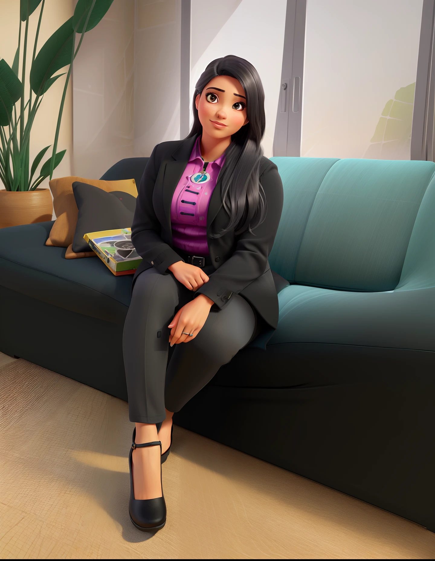 Uma mulher brasileira com longos cabelos pretos, cabelos lisos escuros, Olhos escuros, olhos negros, sentado em uma sala, usando roupas sob medida, elegante. (best quality,4k,8k,Altas,master part:1.2),ultra-detalhado,(Realistic,fotorrealista,photo-realistic:1.37),illustration,High contrast lighting,foco nítido,profissional,vivid colors,retrato,tons coloridos.