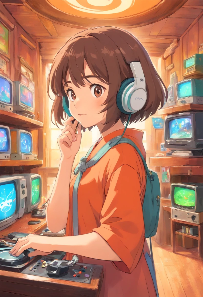 Uma pessoa com fones de ouvido,Mantenha os olhos no console,flutuando no ar,The background is a bright piece of color,estilo manga