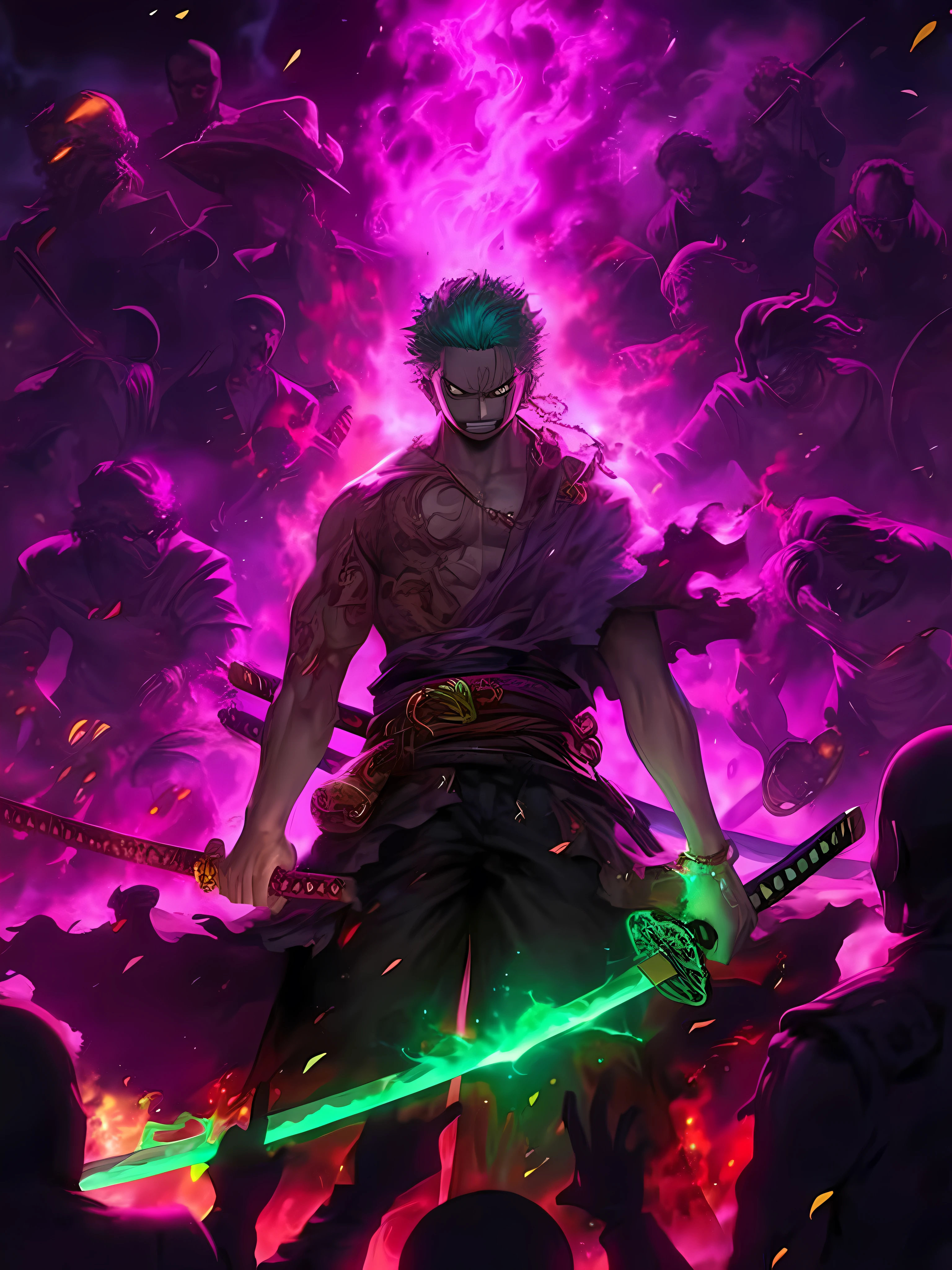 The Man with the Sword, standing in front of a crowd of demonic demons, badass anime 8 k, handsome guy in demon slayer art, Roronoa Zoro, anime epic artwork, Neon Samurai, Yang J, Glowing & Epic, 4 k manga wallpapers, Anime Art Wallpapers 8K, Anime Art Wallpapers 4K, demon slayer artstyle