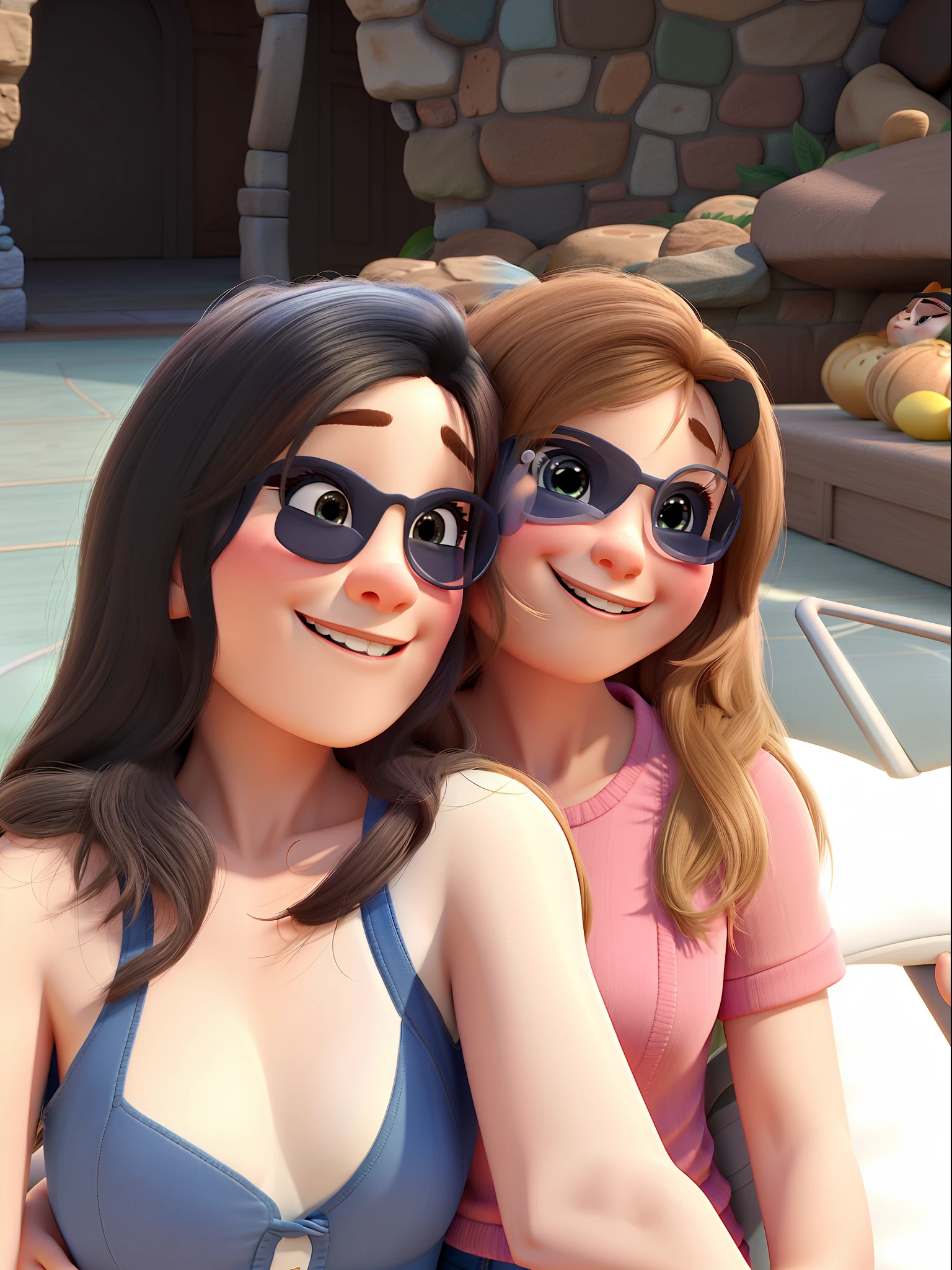 Duas mulheres hugged and happy in Disney Pixar style, alta qualidade, melhor qualidade