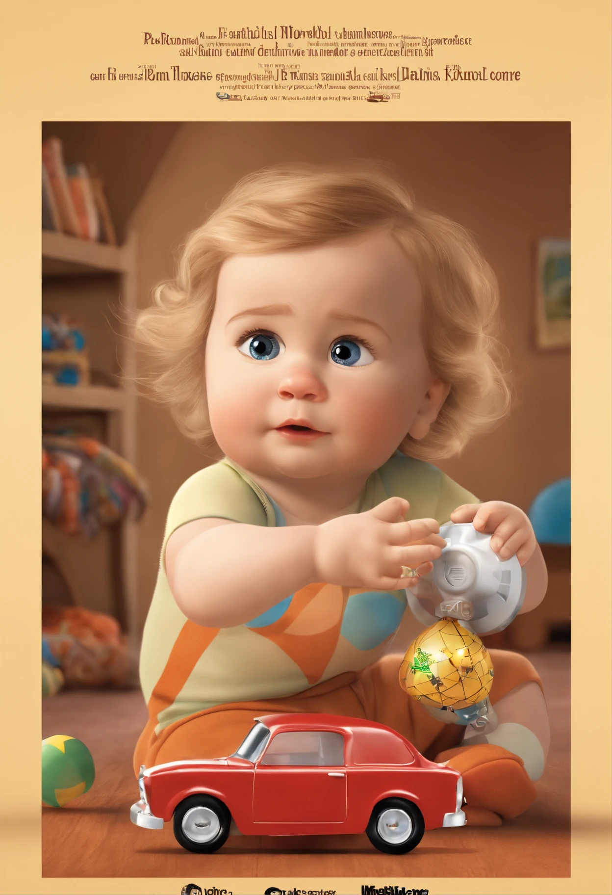 Pixar Movie Poster with the Title:
Motherhood in Focus
3 people on the poster
A pregnant white woman with long, wavy, blonde hair holding a cell phone as if taking a photo, in the background will be her two children playing, a 3--old l with dark, curly brown hair playing with a toy car, and a 1-year-oly witark brown hair and a pacifier holding a toy car. The scene should be in 3D art style, similar to Pixar's 'Up' movie poster.
