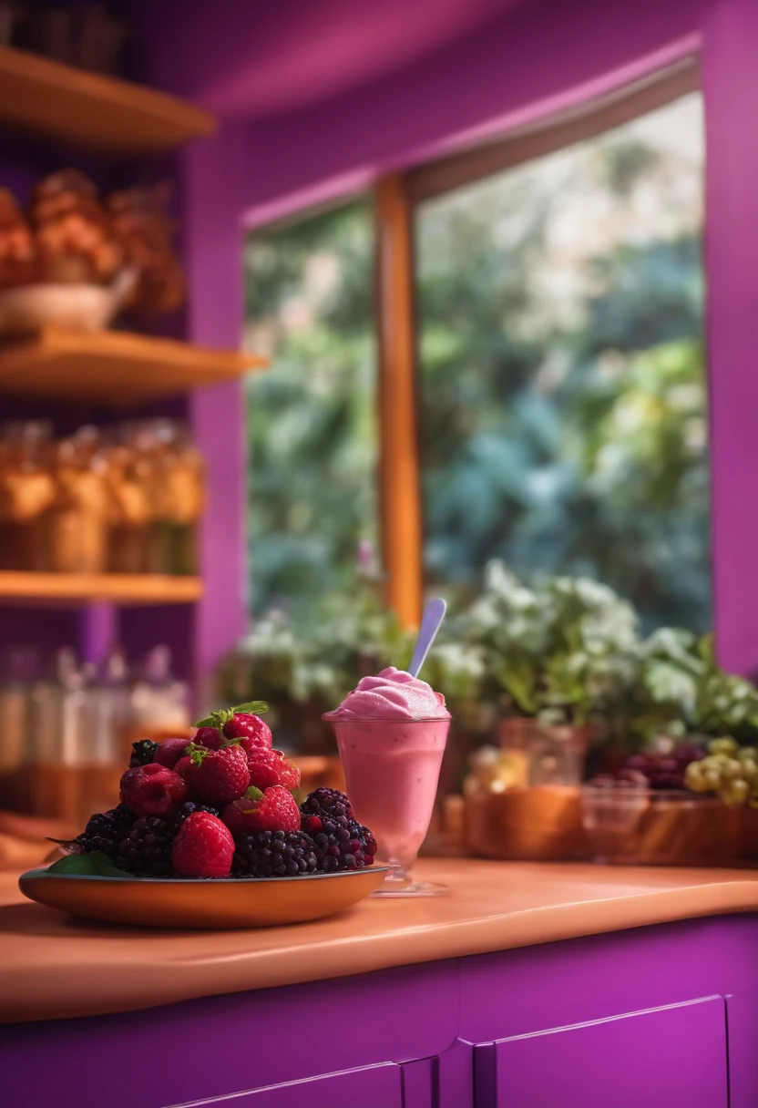 Uma cozinha roxa com uma pessoa cozinhando nela um sorvete roxo estilo Pixar disney