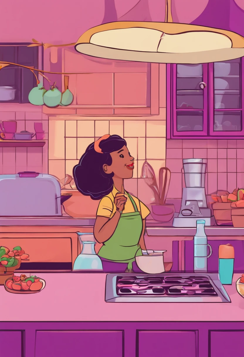 Uma cozinha roxa com uma pessoa cozinhando nela um sorvete roxo estilo Pixar disney