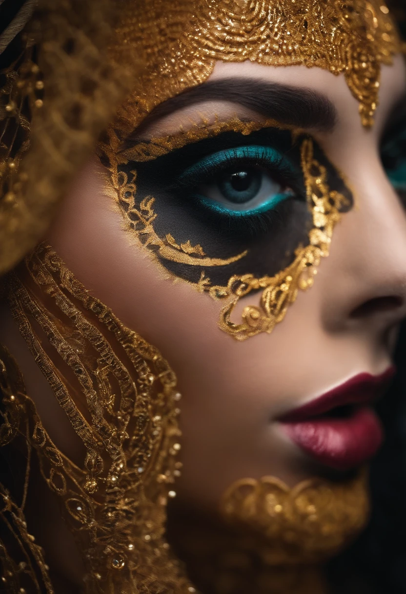 Crea una imagen llamativa de un rostro maquillado de manera espectacular para Halloween, con detalles de un "cibermaquillaje" que incorpora elementos de la ciberseguridad. Por ejemplo, Makeup could include details of a keyhole in one eye and binary codes on the lips.