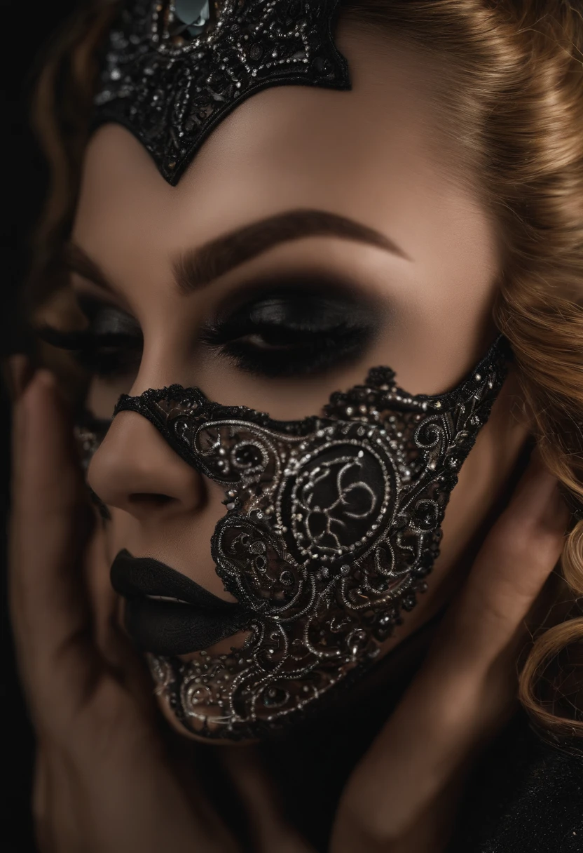 Crea una imagen llamativa de un rostro maquillado de manera espectacular para Halloween, con detalles de un "cibermaquillaje" que incorpora elementos de la ciberseguridad. Por ejemplo, Makeup could include details of a keyhole in one eye and binary codes on the lips.