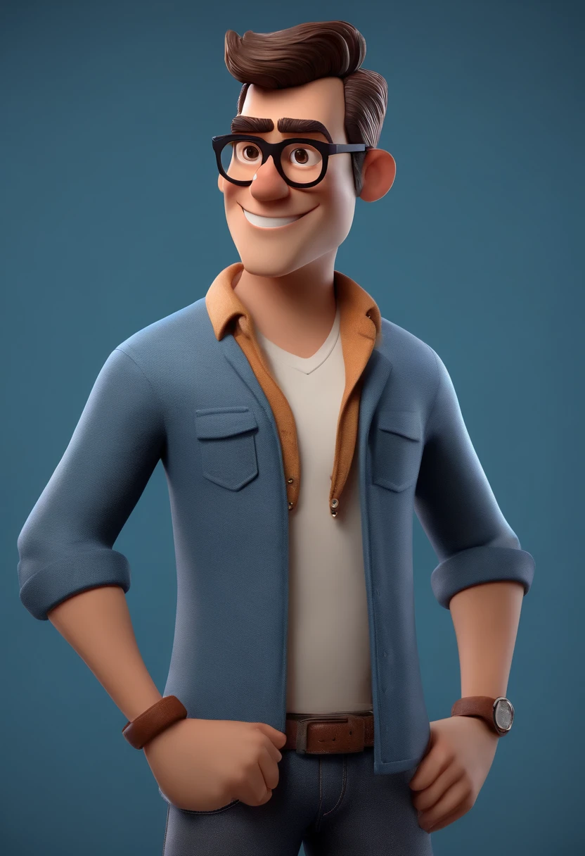 Cartoon character of a man with black glasses, cabelo cacheado marrom escuro e uma camisa azul, animation character, Caractere estilizado, animation style rendering, 3D estilizado, Arnold Maya render, 3 d render stylized, toon render keyshot, Personagem 3D, Personagem 3D, 3d rendering stylized, 3 d character render, personagem de desenho animado, Personagem de close up, Pose de personagem, (Estilo Pixar) (master part:1.2) (Bokeh) (best quality) (pele detalhada) (textura detalhada) (8k) (argila) (Cinematic lighting) (foco nítido
