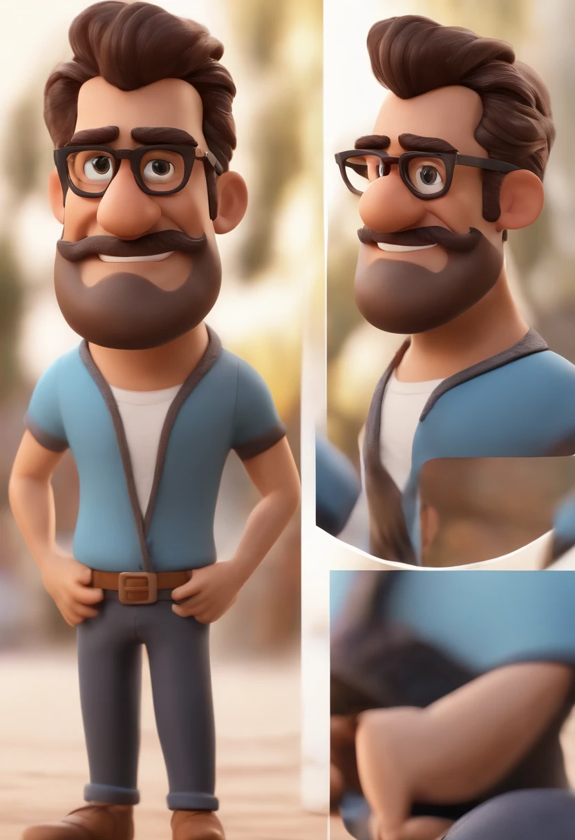 Cartoon character of a man with black glasses, cabelo cacheado marrom escuro e uma camisa azul, animation character, Caractere estilizado, animation style rendering, 3D estilizado, Arnold Maya render, 3 d render stylized, toon render keyshot, Personagem 3D, Personagem 3D, 3d rendering stylized, 3 d character render, personagem de desenho animado, Personagem de close up, Pose de personagem, (Estilo Pixar) (master part:1.2) (Bokeh) (best quality) (pele detalhada) (textura detalhada) (8k) (argila) (Cinematic lighting) (foco nítido