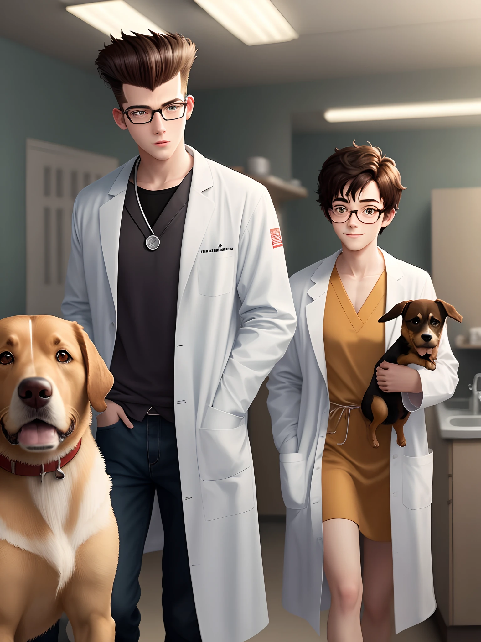 A Pixar-style image of a brunette boy with short hair and pompadour wearing glasses and a lab coat with a caramel-colored dog by his side. He must be in a veterinarian's office