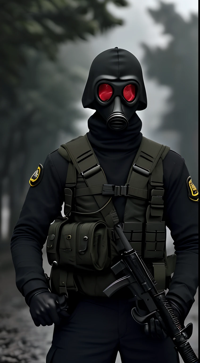 A soldier with a gas mask,olhos vermelhos,capacete preto,traje preto,weapon in hand,Non-uniform umbrella symbol,mochila nas costas,foto retrato,Pose para foto,high-resolution frame,8k realista, cinemactic,porta granadas,soldado forte,