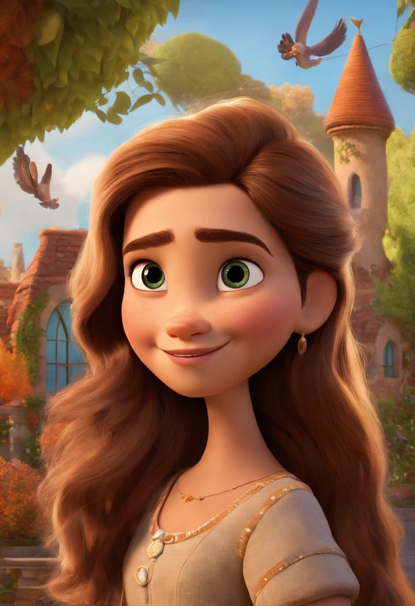 A movie poster inspired by Disney Pixar with a white woman with long straight hair brown eyes, rosto triangular, boca pequena, large eyelashes . A white child takes care of the house , menino de 6 anos com cabelos castanhos e olhos castanhos, e uma menino branco de 10 anos de cabelos castanhos lisos. A cena deve ser no estilo de arte digital distinto da Pixar, with a focus on character expressions, Vibrant colors and detailed texture that are characteristic of his animations