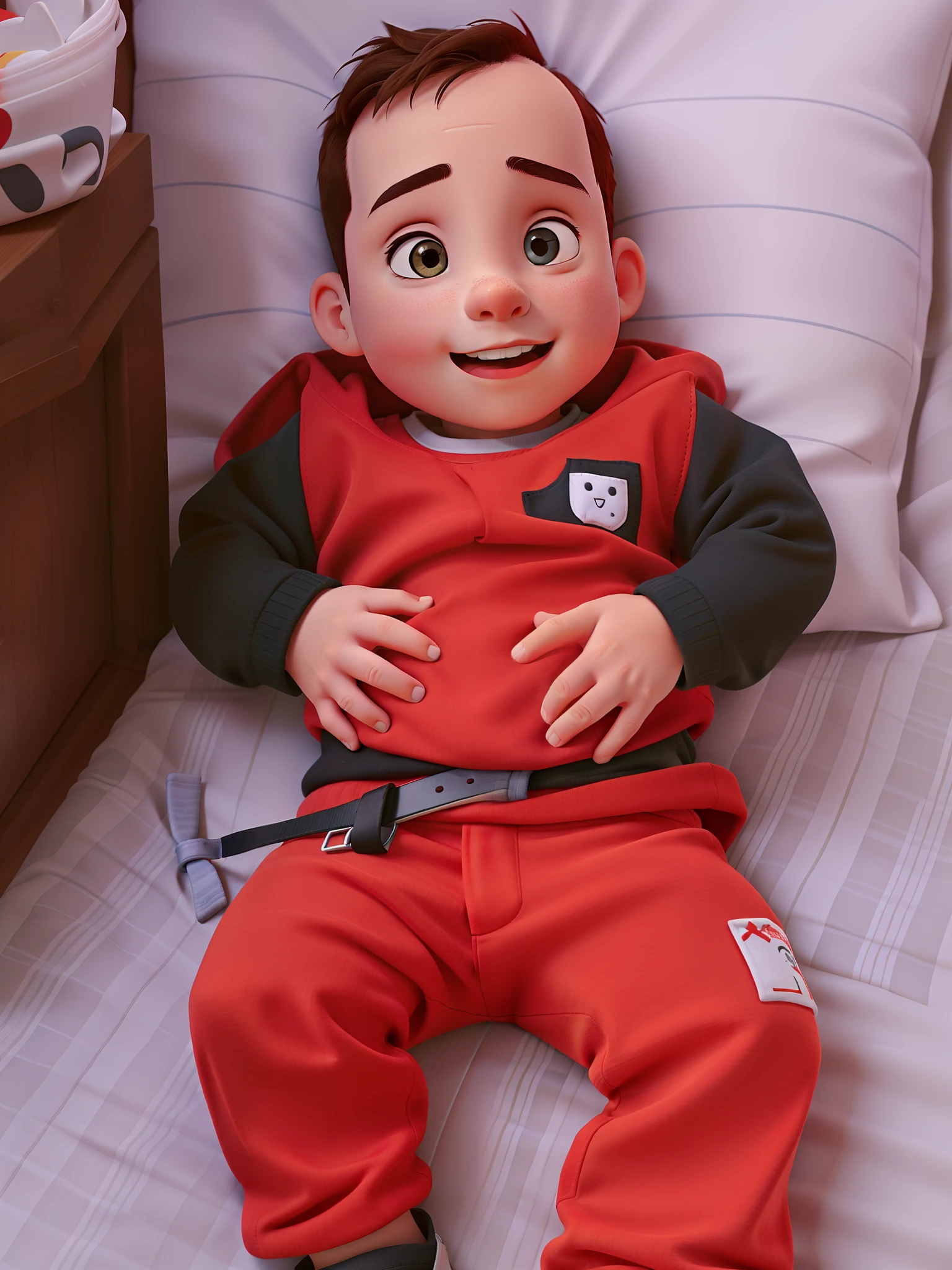 boy lying down, red clothes