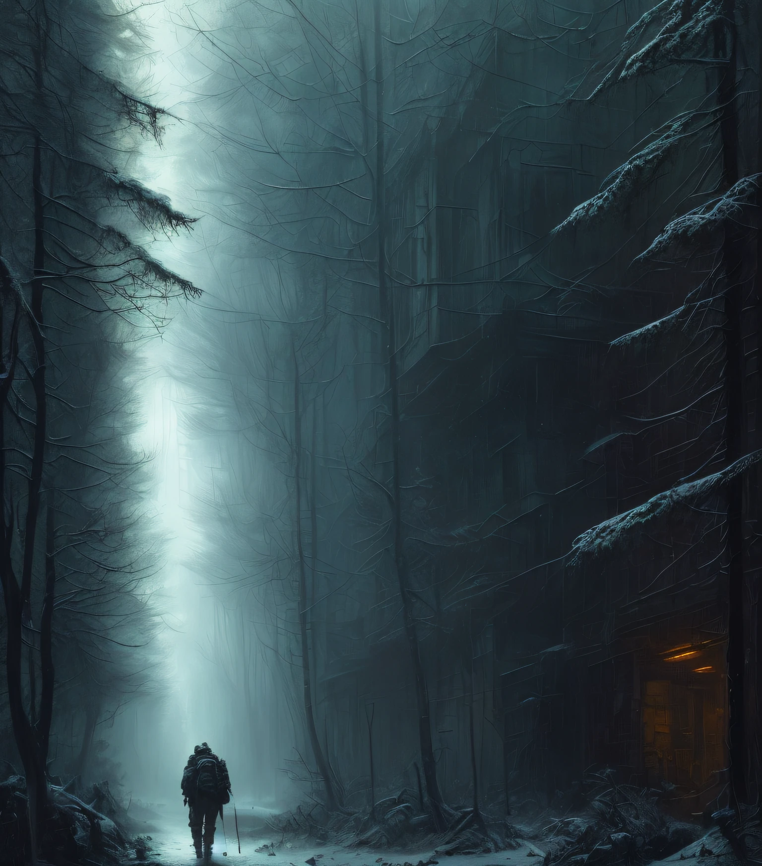 (masterpiece) high detailed RAW, a post apocalyptic man with a backpack is walking through a dark alley way in a forest with tall buildings and trees , hassanfantasy style , by Jeremy Mann and Donato Giancola ultra realistic highly detailed intricate photorealistic