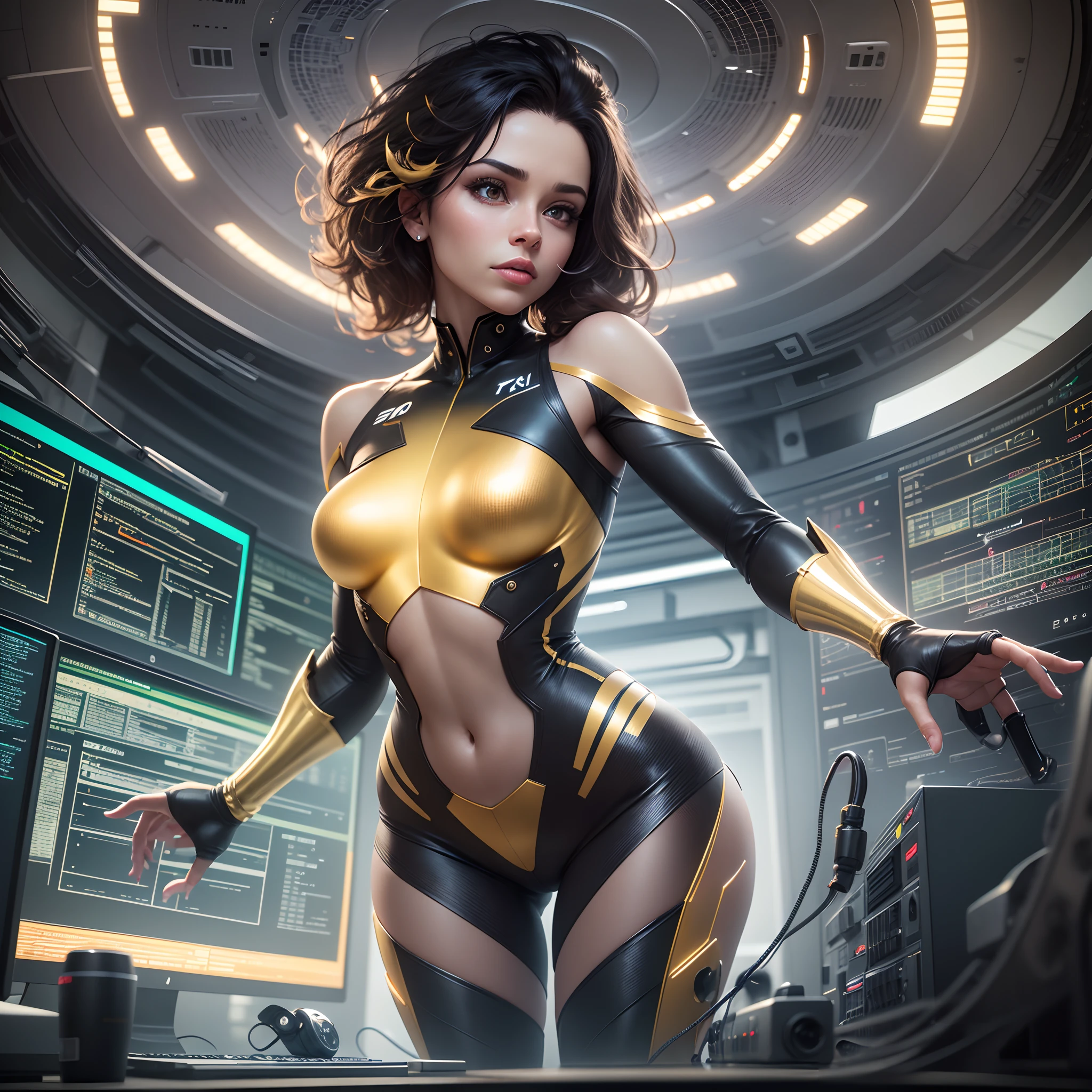 Electronic waves  in shape of a black woman floating inside a computer system, interior of a computer system with waves in shape of a woman, chips and digital codes floating around her, with bright and vibrant golden sparkling light,  with beautiful iridescent light, artgerm style, 32k, ultra HD, unreal engine rendered, hyper-realistic image, octane 3d rendering --auto --s2