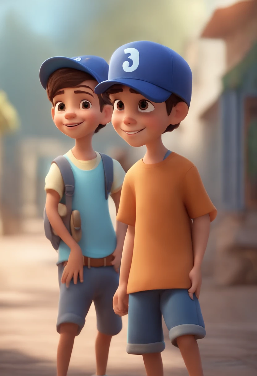 A happy cute boy standing short hair with dark blue cap , vestindo uma camisa azul , , fundo branco, barnet, Tom, Estilo Pixar, ......3d, desenhos animados, rosto detalhado, asymmetrical 16k