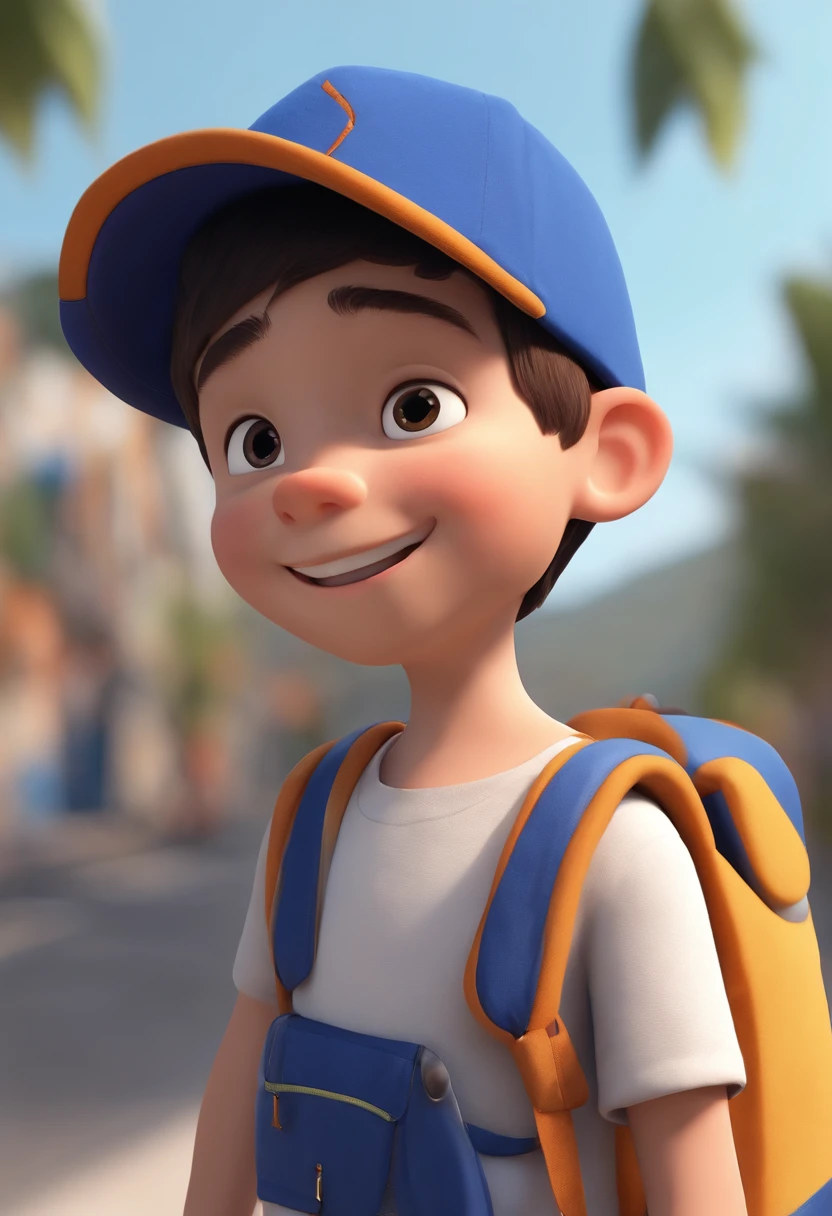 A happy cute boy standing short hair with dark blue cap , vestindo uma camisa azul , , fundo branco, barnet, Tom, Estilo Pixar, ......3d, desenhos animados, rosto detalhado, asymmetrical 16k