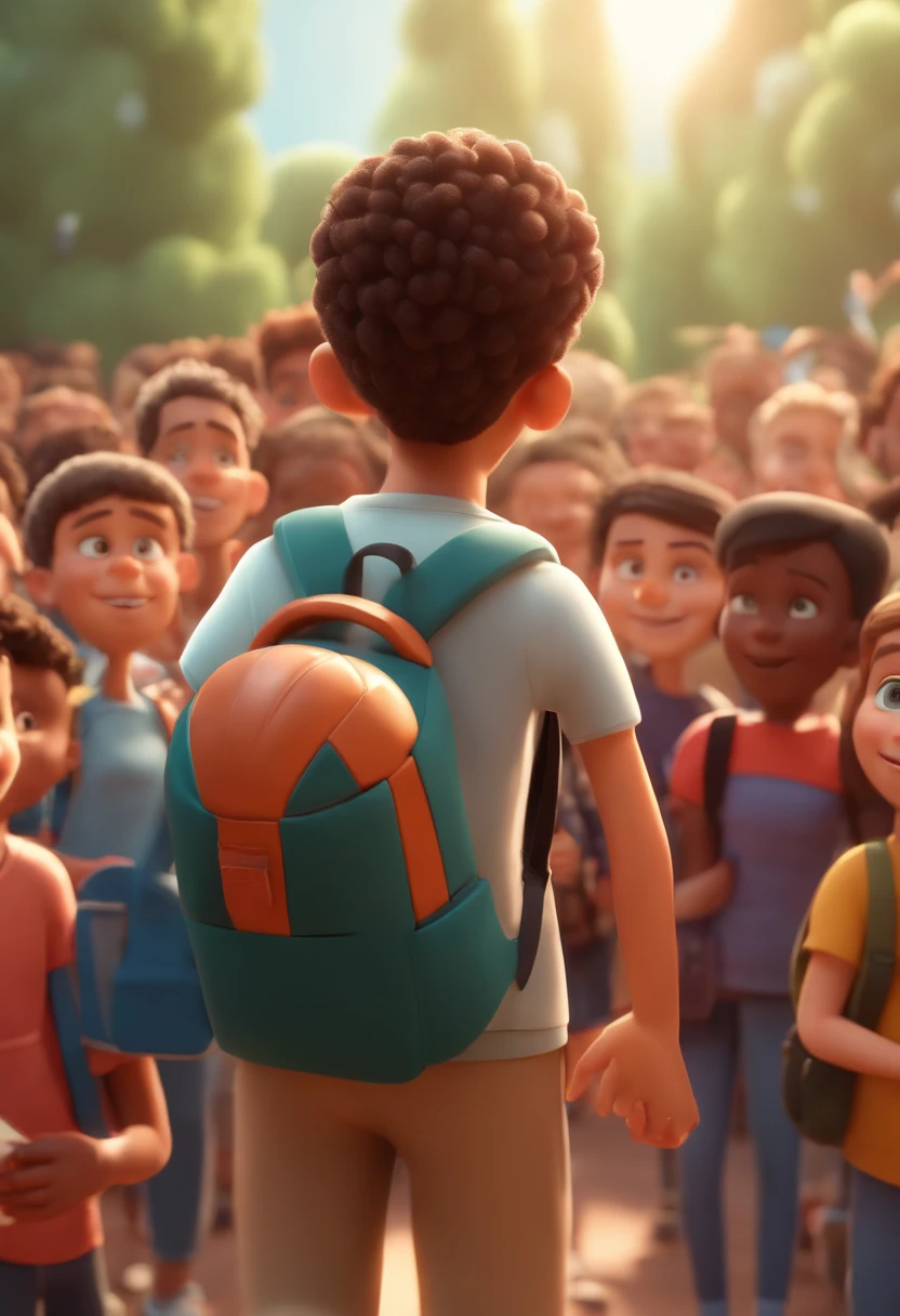 Cartoon boy with backpack and basketball in front of a crowd, 3d animated film, animation film, pixar 3 d animation style, pixar renderman rendering, maia 8 mil, animated film, Disney Pixar Estilo 3D, brincando com um sorriso no rosto e correndo em uma quadra, Em outra foto, The same boy hugs a teacher