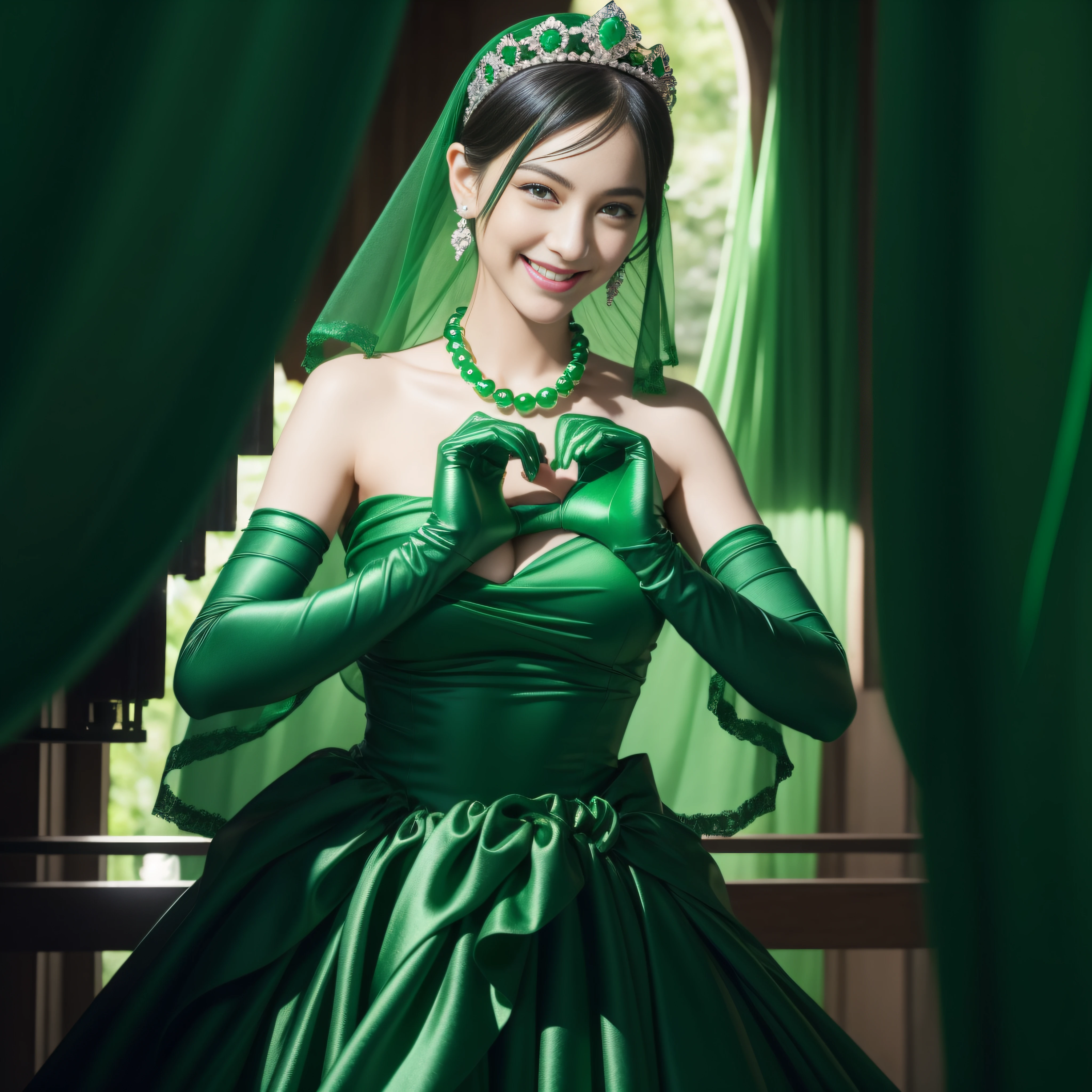 emerald tiara, Green Pearl Necklace, Boyish very short black hair, lipsticks, Japan woman smiling, very short short hair,  big breasts beautiful, Green eyes, Long green gloves made of satin material, Green eyes, Emerald Earrings, green vale, Heart with both hands