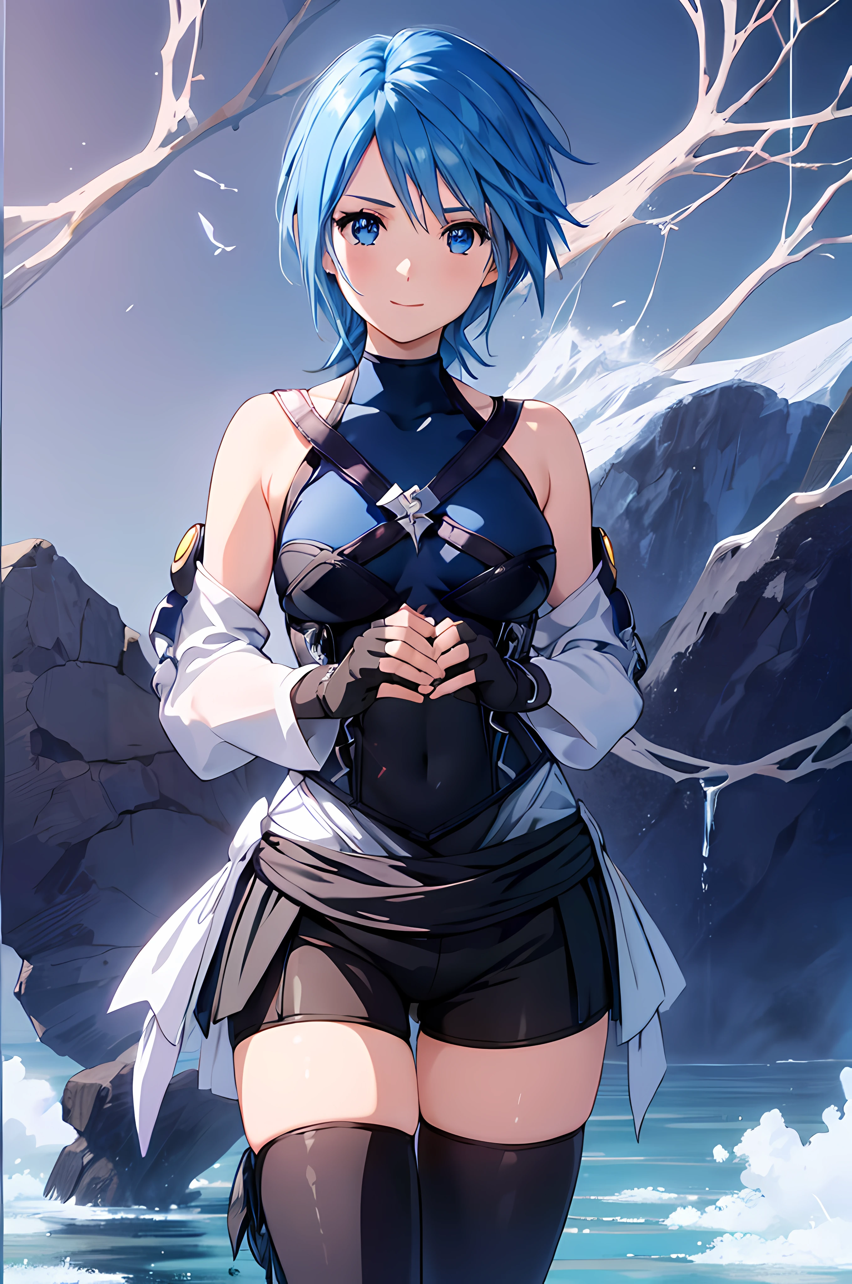 aaaqua, 1girl, absurdres, close up, portrait, view from the front, masterpiece, blue eyes, blue hair, breasts, chest strap, elbow gloves, gloves, highres, (skirt), (kingdom hearts), looking at viewer, transparent water floor, smile, solo, clear sky, open field, empty background, wide sleeves, medium breasts, detatched sleeves, black shorts , fingerless gloves, light background, (thighhighs), upper body