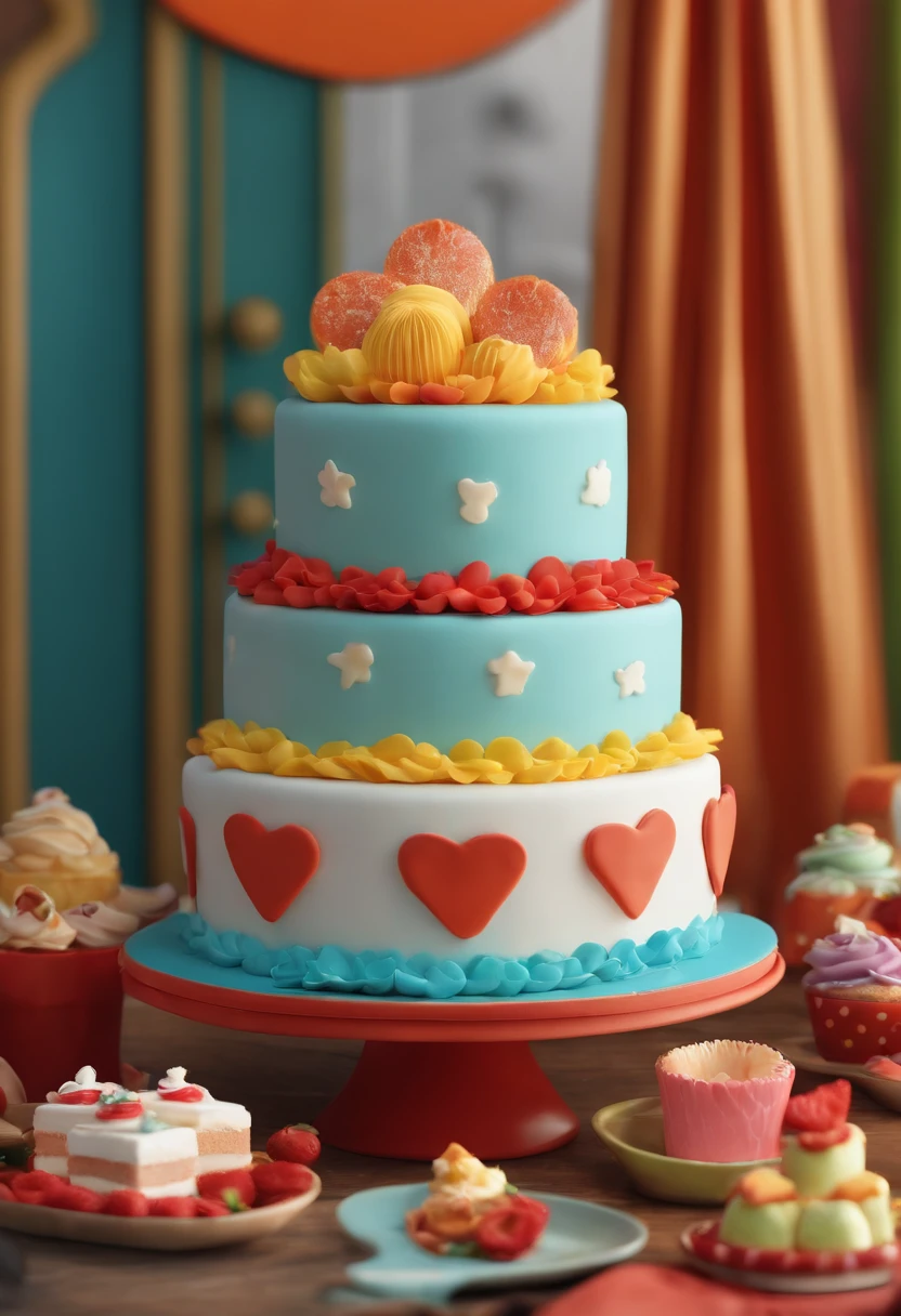 Poster of the Disney Pixar-inspired movie with the title Lu's Fake Cakes. Artisan, longos cabelos vermelho escuro, fazendo bolos, cores, tintas, elementos de artesanato. A cena deve seguir o estilo de arte digital distinto da Pixar, focusing on the expressions of the characters, Vibrant colors and detailed textures characteristic of the characters.