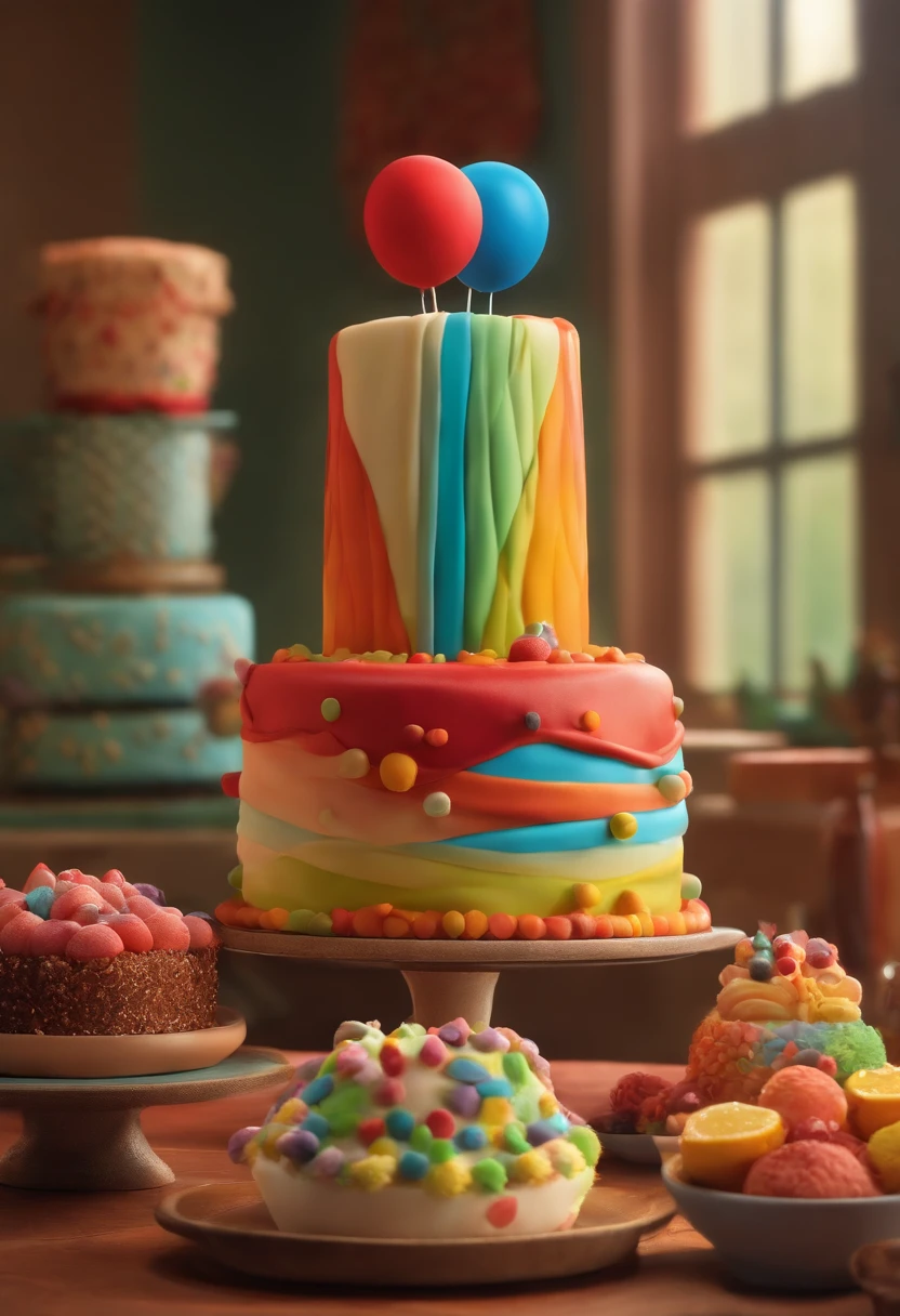 Poster of the Disney Pixar-inspired movie with the title Lu's Fake Cakes. Artisan, longos cabelos vermelho escuro, fazendo bolos, cores, tintas, elementos de artesanato. A cena deve seguir o estilo de arte digital distinto da Pixar, focusing on the expressions of the characters, Vibrant colors and detailed textures characteristic of the characters.