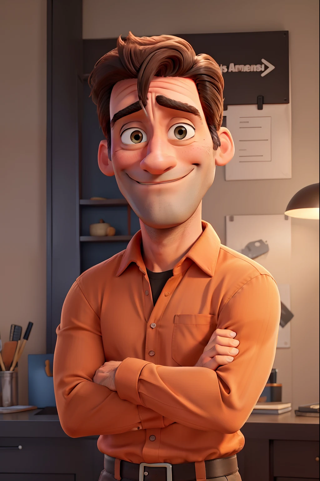 Jon Hamm, Cartoons in orange shirt and black pants, arms crossed, olhando para frente e sorrindo com os dentes aparecendo;