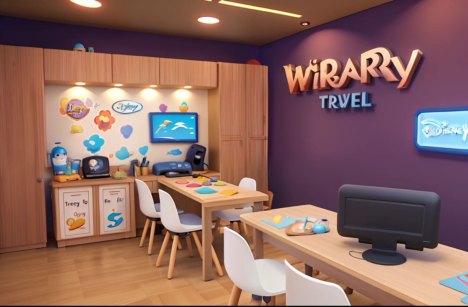 Gerar imagem no estilo Disney Pixar, the wall logo is written BeFly Travel, melhor qualidade de imagem