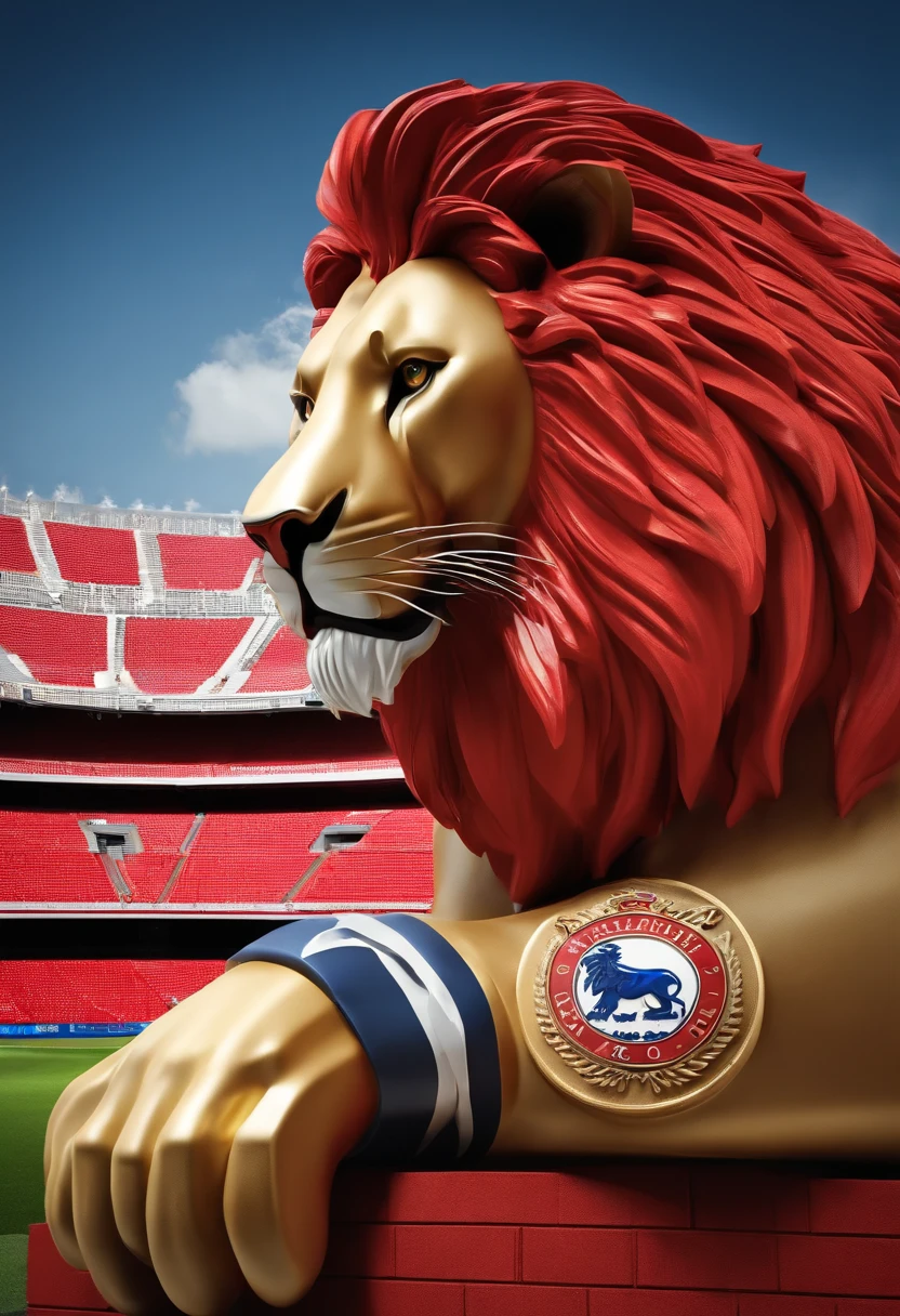 Create a custom lion mascot stadium. The stadium packed with fans of the team "fortaleza" com as cores vermelho, azul e branco