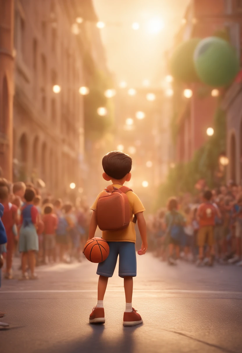 Cartoon boy with backpack and basketball in front of a crowd, 3d animated film, animation film, pixar 3 d animation style, pixar renderman rendering, maia 8 mil, animated film, Disney Pixar Estilo 3D, brincando com um sorriso no rosto e correndo em uma quadra, Em outra foto, The same boy hugs a teacher