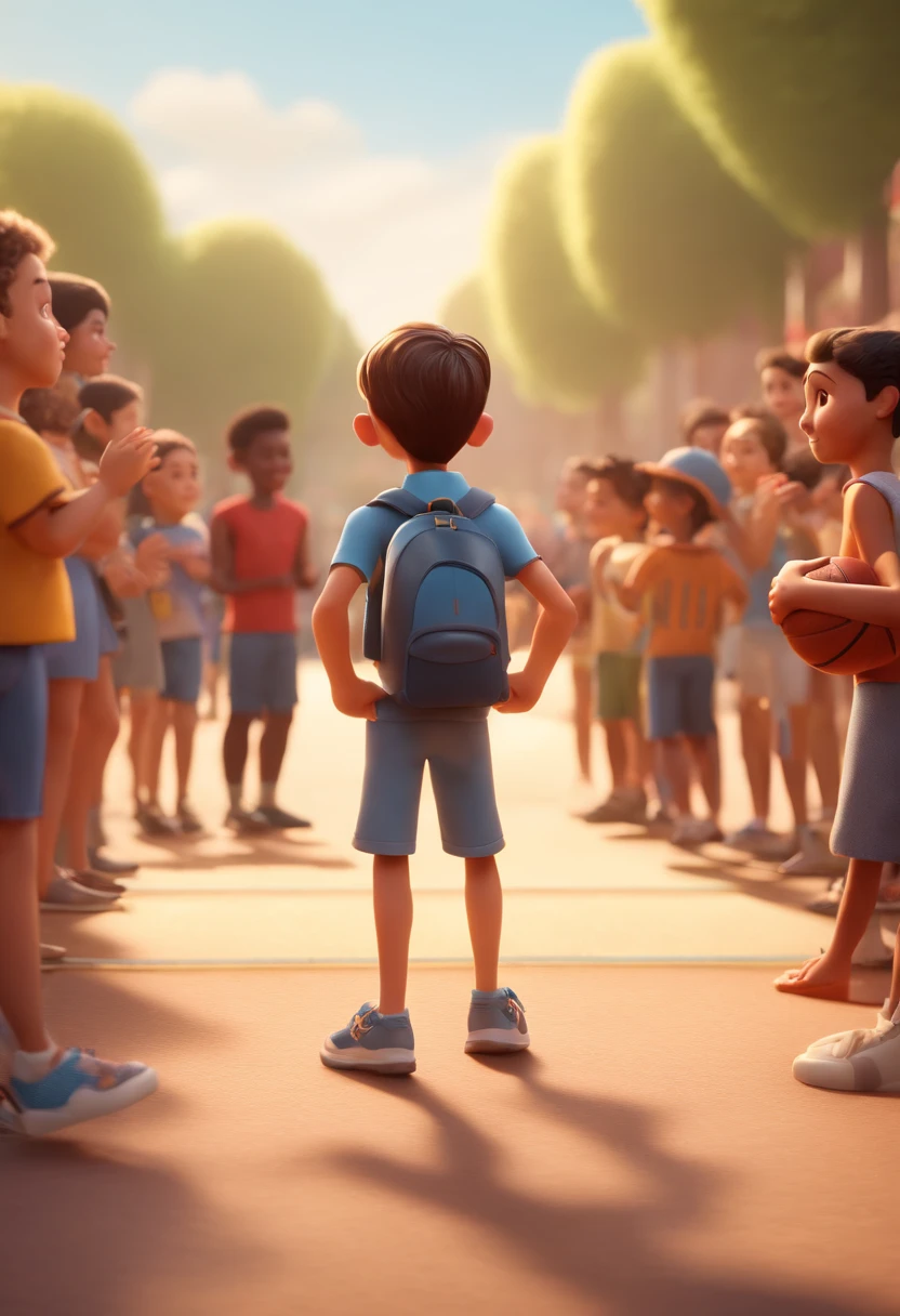 Cartoon boy with backpack and basketball in front of a crowd, 3d animated film, animation film, pixar 3 d animation style, pixar renderman rendering, maia 8 mil, animated film, Disney Pixar Estilo 3D, brincando com um sorriso no rosto e correndo em uma quadra, Em outra foto, The same boy hugs a teacher