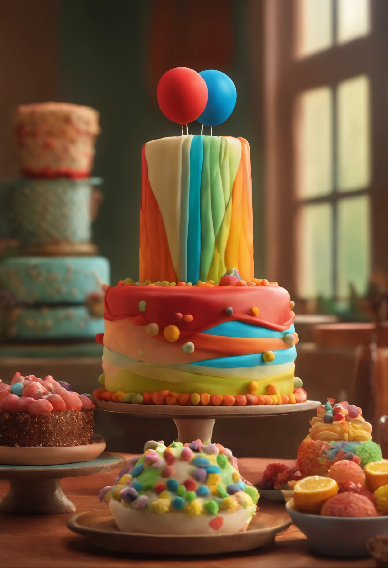 Poster of the Disney Pixar-inspired movie with the title Lu's Fake Cakes. Artisan, longos cabelos vermelho escuro, fazendo bolos, cores, tintas, elementos de artesanato. A cena deve seguir o estilo de arte digital distinto da Pixar, focusing on the expressions of the characters, Vibrant colors and detailed textures characteristic of the characters.