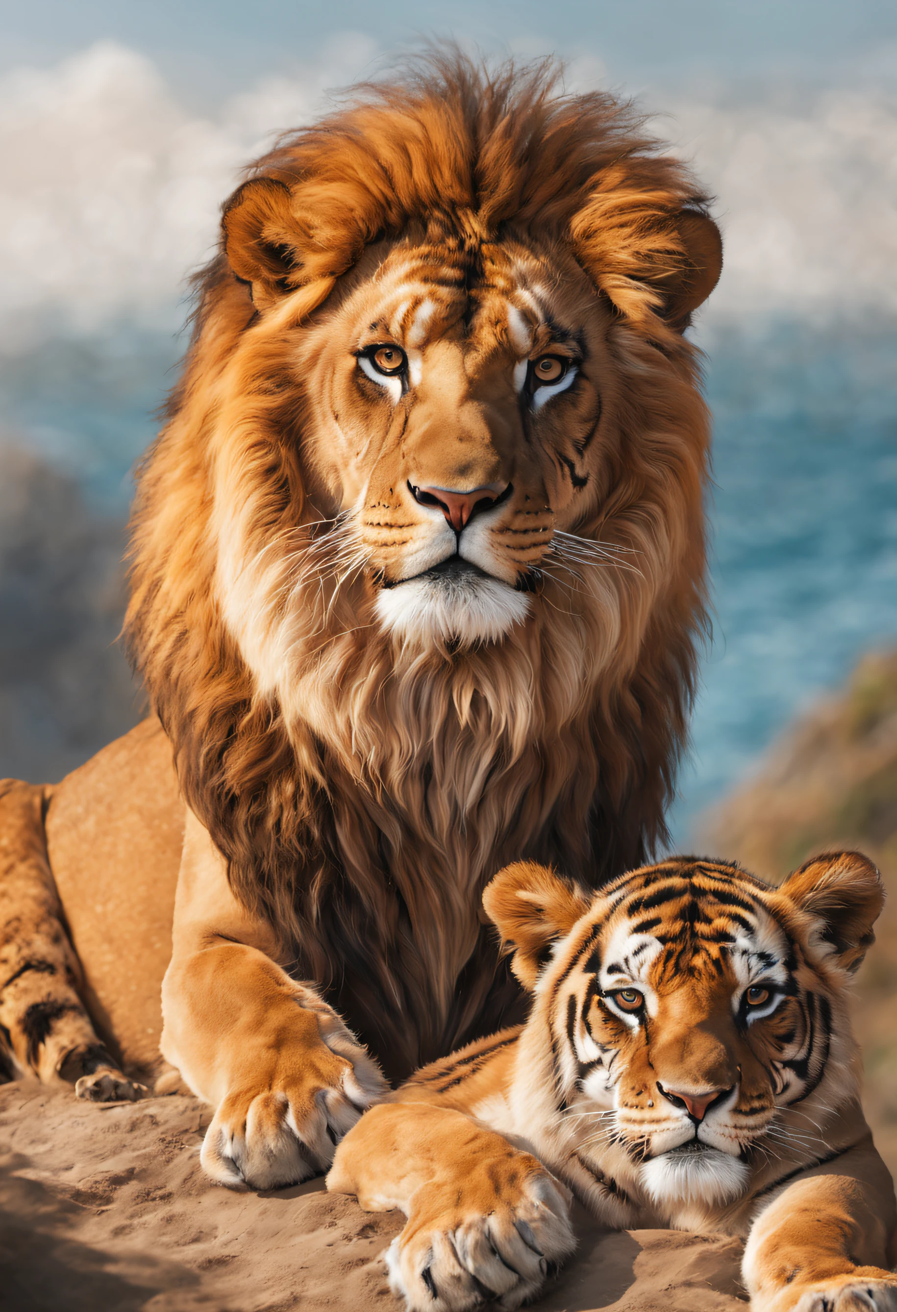 , 1 Lion and 1 tiger on mountain with attentive expression,os dois Olhando para a praia ensolarada, com coqueiros e ondas batendo na areia branca.great quality, best illustration, detalhado e realista