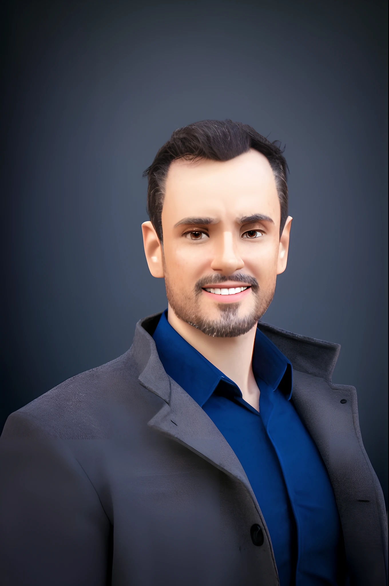 Pixarstyle: A waist-length portrait of a young man in a blue shirt and gray coat amid modern buildings on the beach, sorriso, s office, textura natural da pele, texturas 4k, hdr, intrincado, altamente detalhado, foco nítido, cinematic visual, hiperdetalhado